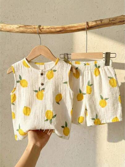 LMoss Kids 2pcs/Set Young Boy Knitted Lemon Pattern Vest & Shorts Set, Casual & Cute, Summer Two Piece Set For Kids, Two Piece Cute Set Kids