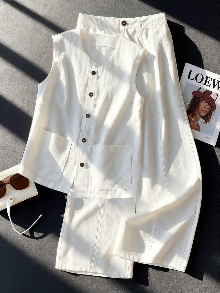 Resyla White 2 Pieces Set For Women, Loose Fit Camisole Vest Top And Wide Leg Pants, Summer - White - View 1