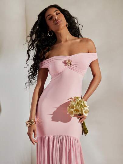 Opulessa Wedding Elegant Festival Party Beach Solid Color Mesh Off-Shoulder Dress For Women, Suitable For Spring/Summer Vacation,Wedding Guest Dress For Women