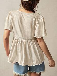 Bohemela Áo thun tay ngắn cổ chữ V màu trơn đơn giản dành cho nữ - Màu be - Xem 2