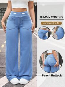 Flexra Women's Casual Pocket Versatile Daily Wear Wide Leg Jeans - Blue - View 1