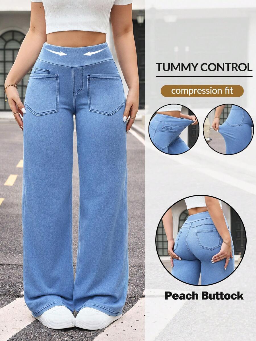 Flexra Women's Casual Pocket Versatile Daily Wear Wide Leg Jeans - Blue - View 1