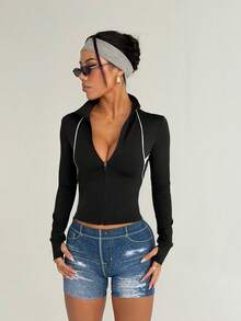 Dewbera Casual Contrast Trim Front Zipper Fitted Sports Jacket - Black - View 6