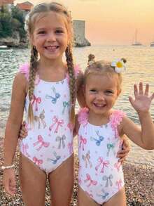 Emery Rose Kids Emery Rose Kids 女童条纹蝴蝶结花卉连体泳衣 - 白色 - 查看 3