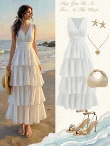 Ellevyn 女士V领收腰豹纹层叠无袖连衣裙，优雅日常穿着，春夏秋季皆宜 - 白色 - 查看 2