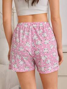 SHEIN Women PLUS SIZE Cotton 2 Pcs Fake Drawstring Detail Cute Rabbit Patterned Shorts Sleep Bottoms Shorts Homewear Set - Multicolor - View 3