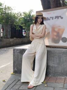 DAZY 2pcs Women Satin Crinkle Tie-Neck Blouse And Relaxed Pants Suit, Elegant Set Short Sets For Women Summer - Apricot - View 6