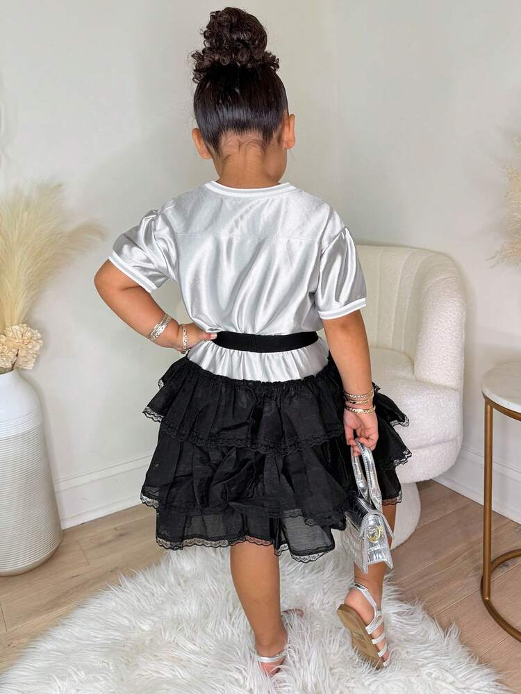 Young Girls V-Neck Letter Print Mesh Short Sleeve T-Shirt & Ruffle Hem 2pcs Set