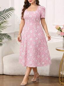 SHEIN Clasi 大码女式花卉刺绣花瓣袖方领优雅浪漫连衣裙 - 杏色 - 查看 10