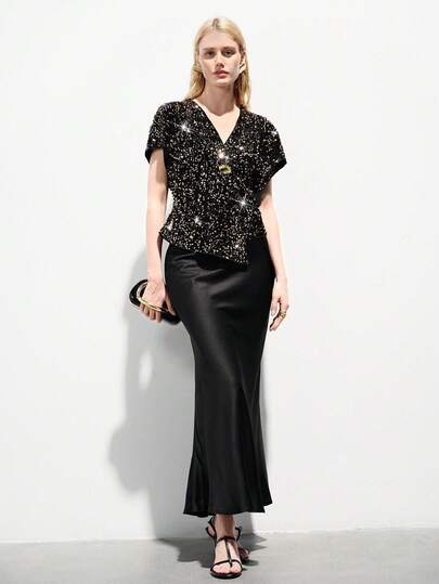 Aveloria Modichic Fashionable Modern Design Sense Versatile Commute Casual Exquisite Sequin Fabric Asymmetric Hem Design Drop Shoulder Sleeve Metal Button Decor Blazer