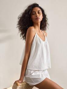 Ocili 女士纯色单排扣吊带背心和短裤睡衣套装 - 白色 - 查看 6