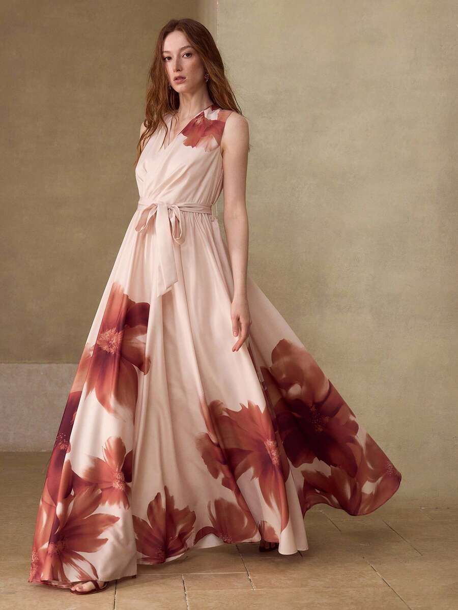 MOTF PREMIUM ĐẦM MAXI IN HỌA TIẾT HOA CÓ THẮT LƯNG - Màu be - Xem 1