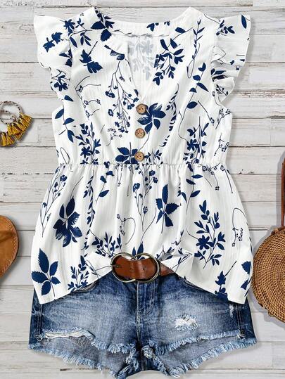 Linhara Áo kiểu nữ cỡ lớn cổ chữ V tay bồng trang trí cúc gỗ, kiểu dáng thường ngày.