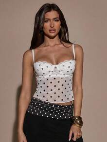 SHEIN BAE Polka Dot Print Sheer Lace Patchwork Camisole - White - View 5