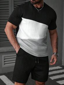Manfinity Homme Bộ đồ nam mùa hè thường ngày gồm áo thun và quần short phối màu tương phản, chất liệu vải dệt họa tiết. - Nhiều màu - Xem 5