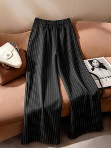 SHEIN Franclia Women's Striped Casual Versatile Wide Leg Pants For Daily Wear - Dark Grey - View 2