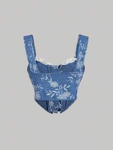 SHEIN MOD Blue And White Floral Print Frill Trim Wide Straps Top - Blue and White - View 2