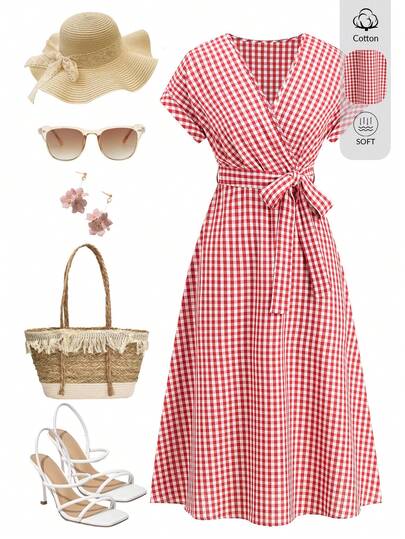 Ellevyn V领交叉腰带纯色短袖中长女装