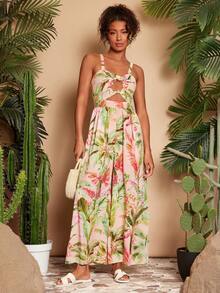 Travachic Women's Tropical Plant Print Casual Everyday Jumpsuit,Tropical,Bohemia,Werstern,Tropical Parrot Pattern,Suitable For Summer Vacation,Beach Outfits For Women - Multicolor - View 6