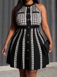 Slaydiva 大码女装春夏新款吊带千鸟格拼接单排扣时尚别致约会派对连衣裙 曲线加大码连衣裙 千鸟格连衣裙 - 黑與白 - 查看 2