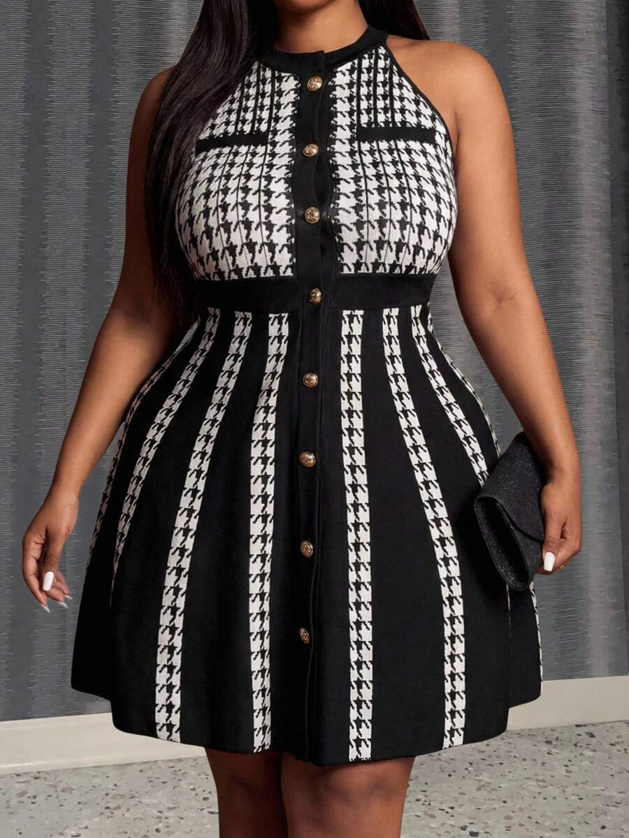 Slaydiva 大码女装春夏新款吊带千鸟格拼接单排扣时尚别致约会派对连衣裙 曲线加大码连衣裙 千鸟格连衣裙