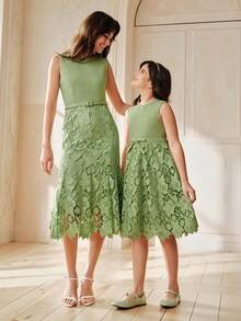 Anewsta 女童无袖蕾丝A字连衣裙，绿色，夏季款式无袖童装 - 綠色 - 查看 1