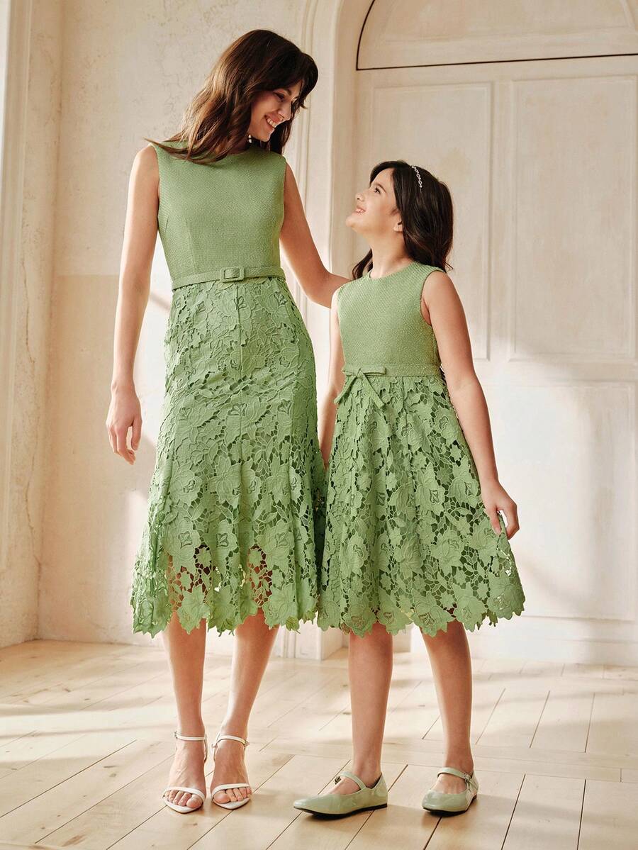 Anewsta 女童无袖蕾丝A字连衣裙，绿色，夏季款式无袖童装 - 綠色 - 查看 1