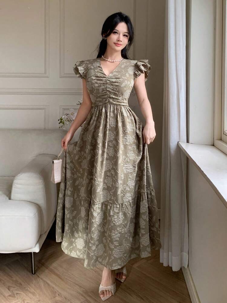 Women's Floral Jacquard V-Neck Cap Sleeve Elegant Dress Sundress Summer