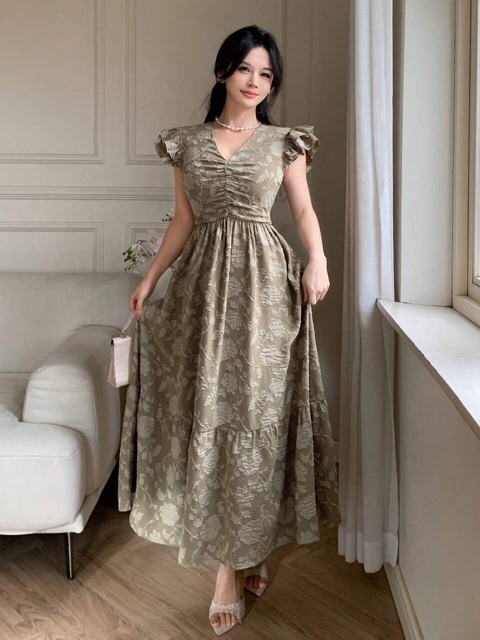 Women's Floral Jacquard V-Neck Cap Sleeve Elegant Dress Sundress Summer