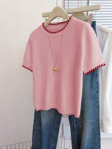 Franclia Top tricoté à manches courtes, col rond, style rétro français, coupe ample, blocs de couleurs, pour femmes, printemps/automne - Rose bonbon - Voir 5