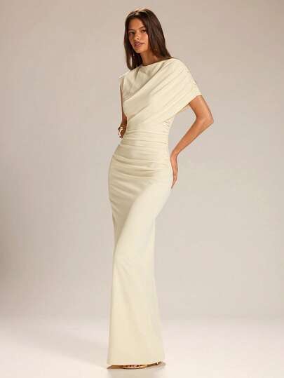 SHEIN BAE Apricot Color Asymmetrical Neckline Bodycon Straight Elegant Dress, Apricot Solid Color Dress, Wedding Guest Dress, Date Dress, Everyday Dress, Graceful Dress