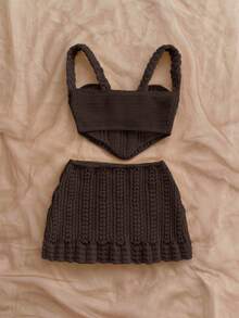 Soleia 两件套度假性感吊带钩编露脐上衣和低腰裙套装，适合音乐节、波西米亚风、假日、约会、下午茶等场合。 - 咖啡棕 - 查看 2