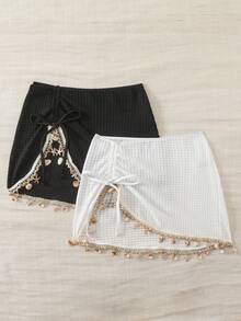 Swim Basics Women's Summer Boho Beach Vacation Holiday Black & White Drawstring Ruched Starfish Shell Tassel Texture Fabric Split Hem Skirt Cover-Up 2-Piece Set - Black and White - View 8