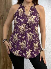SHEIN LUNE 大码夏季休闲印花露背吊带衫 紫色印花上衣和衬衫 女士精品上衣 女士上衣和衬衫 优雅女士上衣 女士衬衫 休闲优雅 - 紫色 - 查看 3