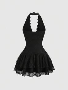 Sweetra Y2K Sexy Lace Halter Elegant Sweet Pleated Chiffon Dress, Suitable For Commuting - Black - View 2