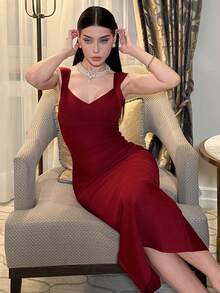 hhfernanda Women's Fitted Waist Ribbed Knit Burgundy Midi Bodycon Party Dress - Burgundy - View 5