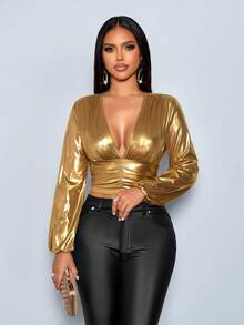 SOLERSUN 女士日常优雅深V领修身短款衬衫上衣，适合日常休闲聚会、简约外出，适合女士秋季、春夏穿着。 - 金色 - 查看 6