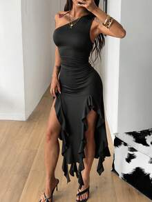 Coolane Women's Spring/Summer Party Streetwear Casual Chic Vacation Outfits Date Night Stretchy Bustier Asymmetrical Neck Off Shoulder Ruffle Dress For Elegant - Black - View 6