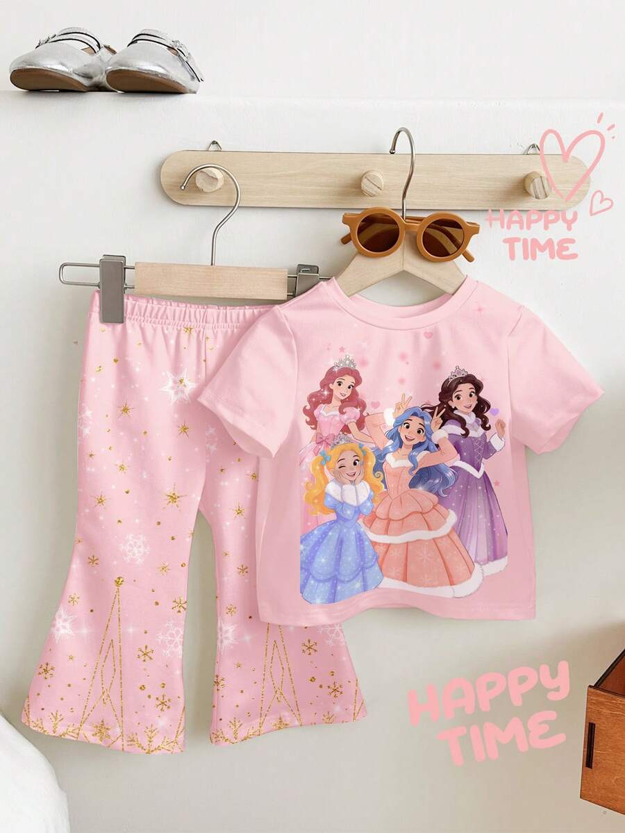 SHEIN Completo casual da bambina con maglietta a maniche corte e pantaloni a zampa, con motivo floreale retrò, adatto per uso quotidiano, primavera ed estate, comodo e facile da indossare, stile grafico floreale retrò per bambine, adatto per occasioni casual, rientro a scuola, relax, vacanze - Multicolore - Visualizzare 1