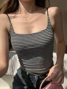 DAZY 夏季女士休闲条纹吊带背心 - 黑與白 - 查看 4