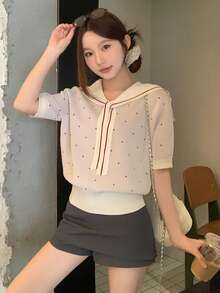 DAZY 女士撞色爱心系带短袖针织上衣，甜美风格，夏季百搭 - 杏色 - 查看 7