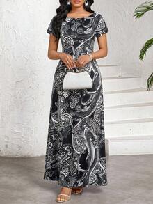 SHEIN Lady 女士印花优雅长连衣裙，圆领短袖，度假风夏季 - 黑與白 - 查看 5