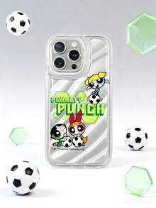THE POWERPUFF GIRLS X SHEIN 飞天小女警足球手机壳，透明软TPU保护套，3D水波纹纹理，保护摄像头镜头，“点球”图案，可爱卡通运动设计，防震保护套，日常使用及生日礼物，适合女孩和卡通迷，兼容iPhone 11/12/13/14/15/16/17 Pro Max，手机配件，快速发货 - 無色 - 查看 4