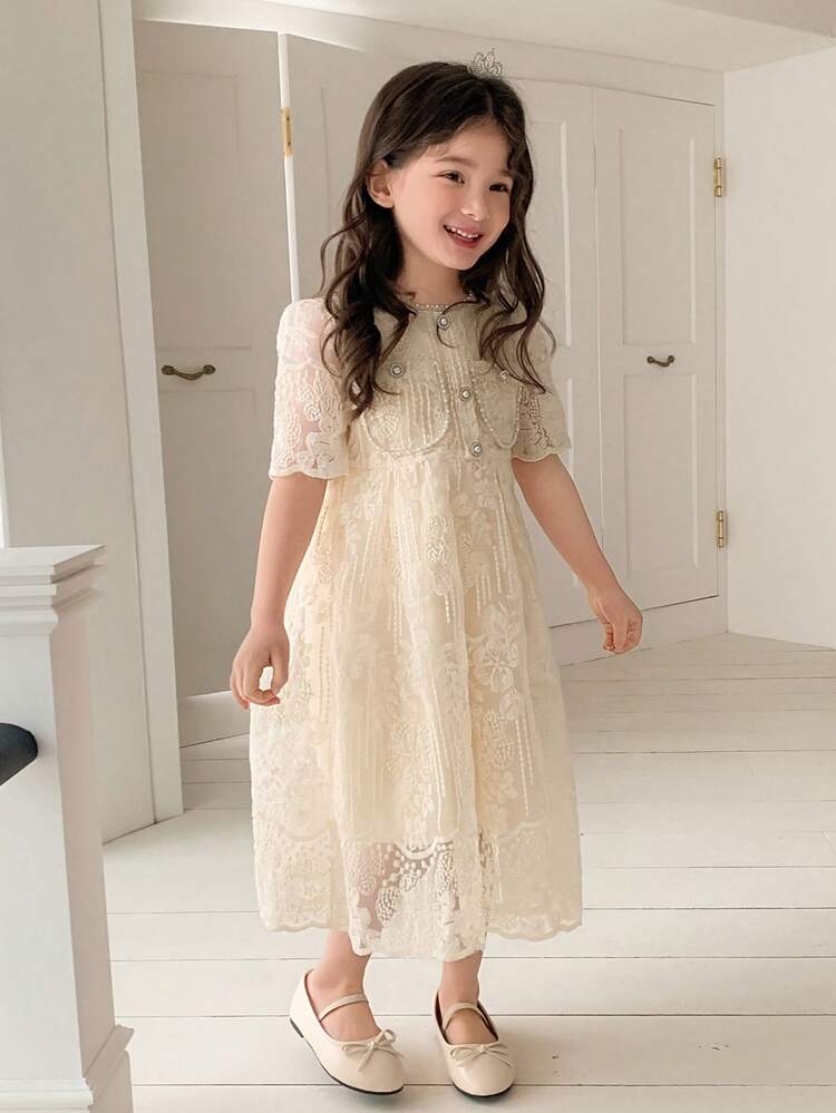Young Girl Round Neck Lace Fashionable Chic Party Dress