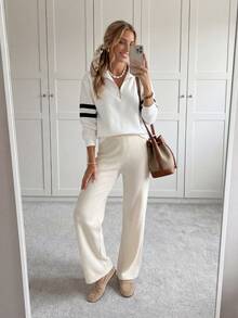 EMERY ROSE 女士前拉链圆领卫衣 女士长袖上衣 四分之一拉链女士条纹袖上衣 女士休闲上衣 排球少年长袖拉链上衣 黑白曲线抓绒，秋季，休闲 - 白色 - 查看 3