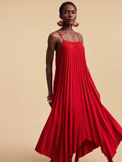 Travachic Women's Solid Color Pleated Asymmetric Hem Spaghetti Strap Dress, Spring Summer Outfits, Festival Dress, Elegant Party Dress, Beach Vacation Outfits, Wedding Guest Dress, Formal Graduation Outfits, Work Outfits For Women