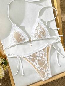 Swim Mod Set Bikini Halter Putih Pendek untuk Wanita, Seksi dengan Motif Renda Grafis dan Detail Simpul. - Putih - View 2