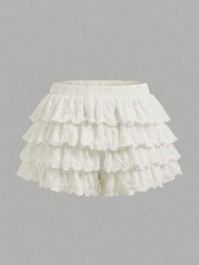Girlism Tween Girls' Apricot & White Woven Textured Layered Ruffle Hem Casual Vacation Shorts Skirt