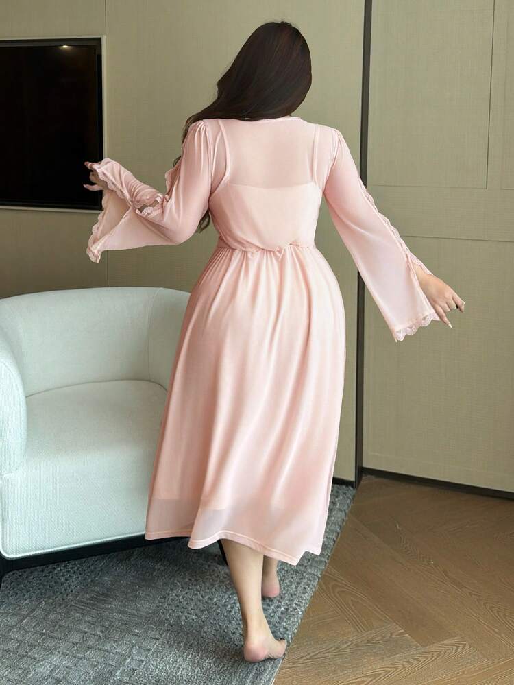 Dazy Plus V-Neck Contrast Lace Elegant Sexy Sleepwear Dress With Bow Decor, Waist Cinched, Long Length, Pink, Plus Size, Spring/Summer