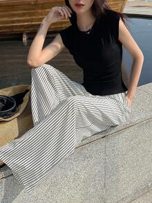 DAZY 2pcs Women Set Solid Color Round Neck Short Sleeve T-Shirt And Striped Pants Summer Lounge Sets For Women Short Sets For Women - Black - View 6